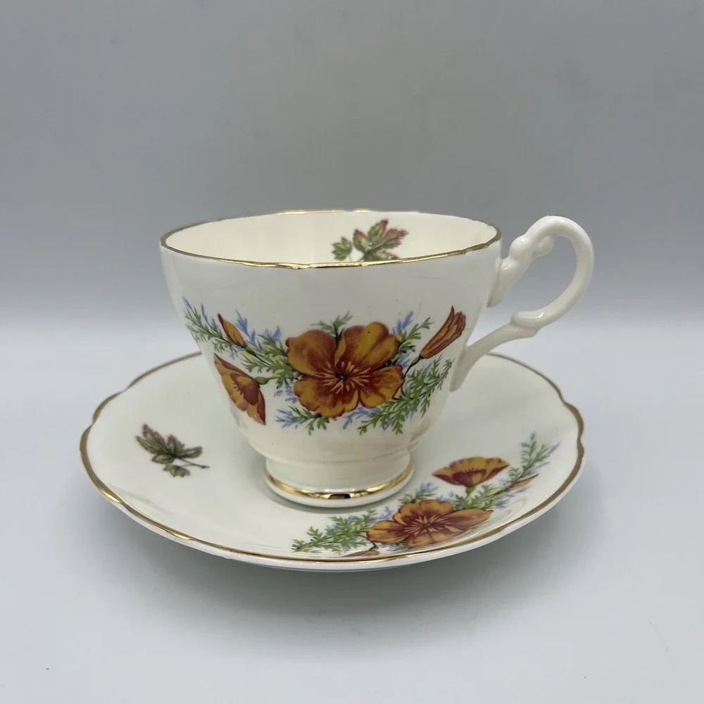 Vintage Regency Cup Saucer Bone China Footed England Fall Maple Leaf Flower Gold